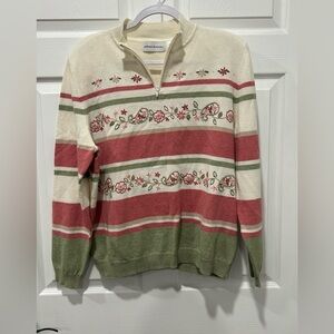 Vintage Alfred Dunner Sweater Top Womens M Beaded Floral‎ 1/4 Zip Grandmacore
